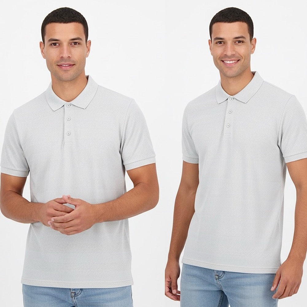 Zara Men’s Light Gray Waffle-Knit Pattern Short Sleeve Polo Shirt — Size Medium